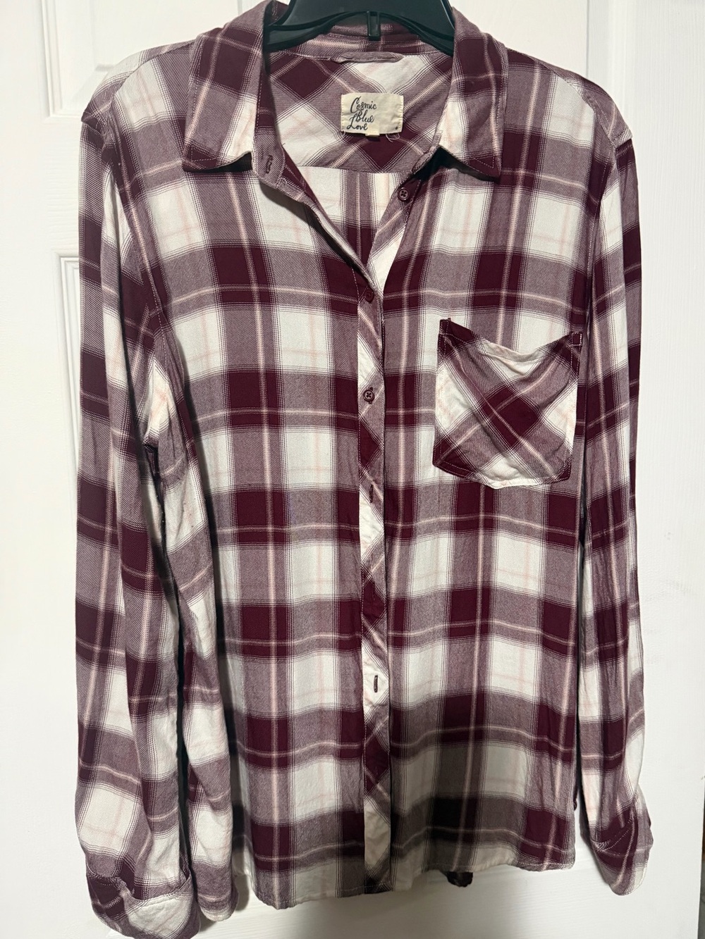 Women’s Burgundy & White Plaid Button-Down Shirt - Casual Collared Top